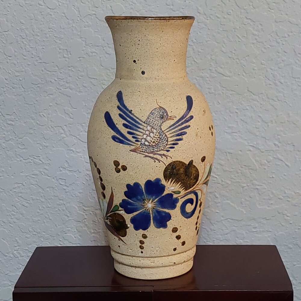 Hand Painted Tonala Mexican Pottery Floral Bird Vase